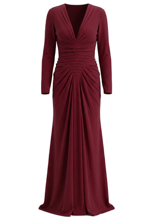 Long Sleeve Draped Maxi Dress Burgundy