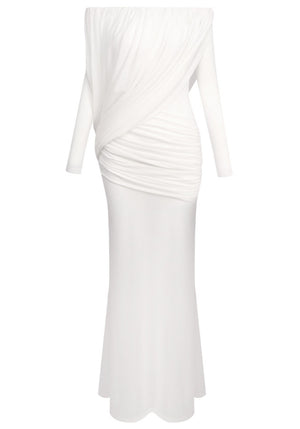 Long Sleeve Draped Bardot Maxi Dress White