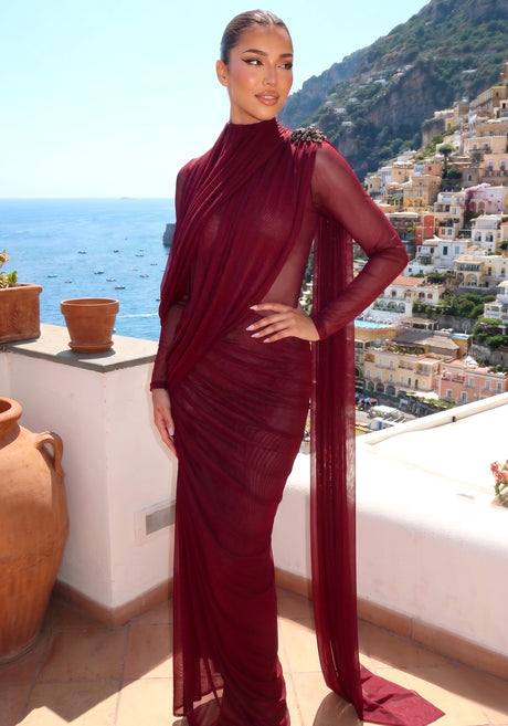 Long Sleeve Draped Mesh Maxi Dress Burgundy