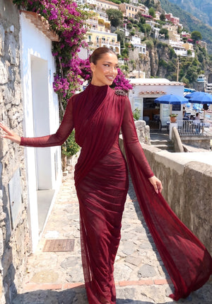 Long Sleeve Draped Mesh Maxi Dress Burgundy