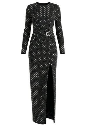 Long Sleeve Draped Polka Dot Maxi Dress Black