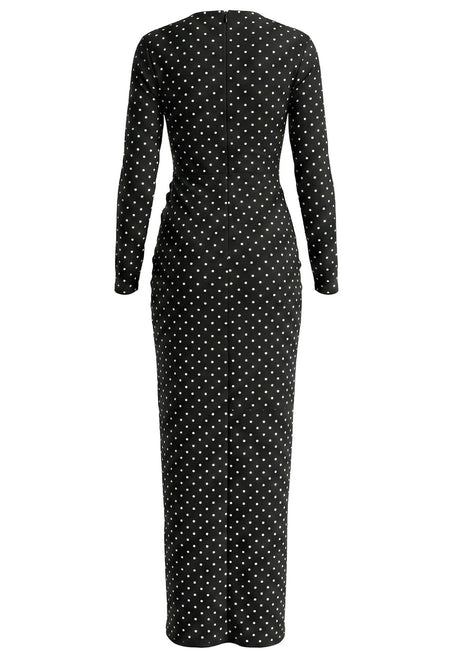 Long Sleeve Draped Polka Dot Maxi Dress Black
