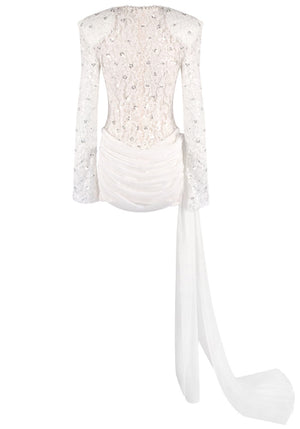 Long Sleeve Draped Sequin Lace Dress White