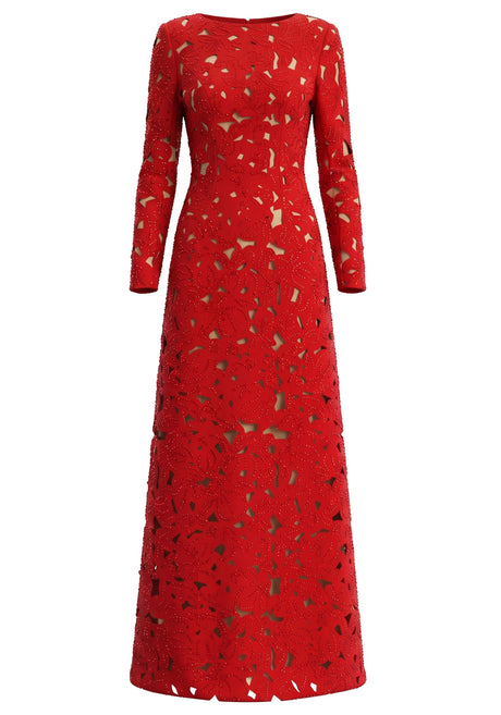 Long Sleeve Embellished Laser Cut Out Maxi Dress Red