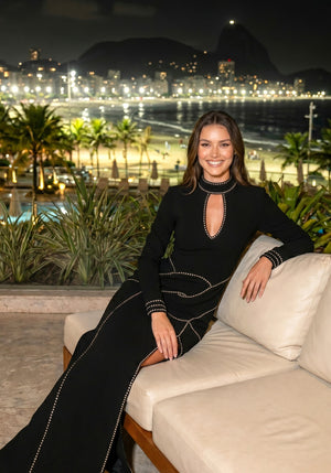 Long Sleeve Embellished Backless Maxi Dress Black
