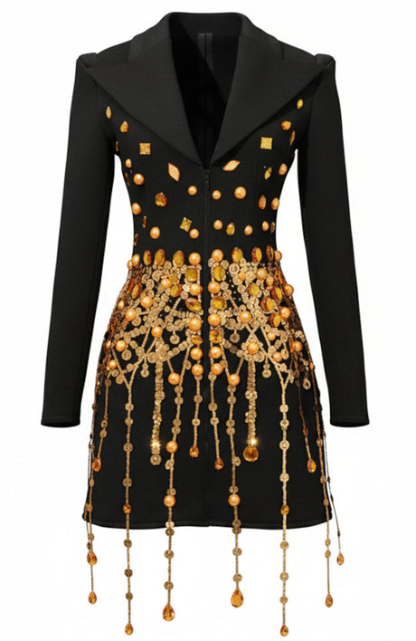 Long Sleeve Embellished Blazer Dress Black