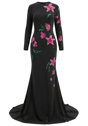 Long Sleeve Embellished Floral Maxi Dress Black