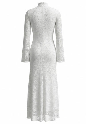 Long Sleeve Embellished Lace Maxi Dress White