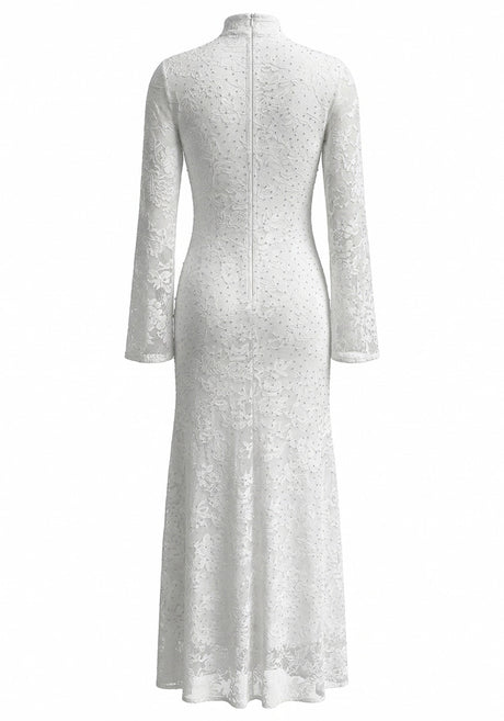 Long Sleeve Embellished Lace Maxi Dress White