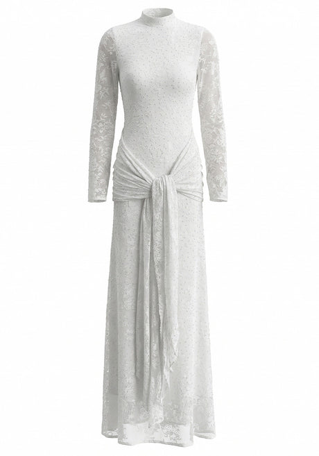 Long Sleeve Embellished Lace Maxi Dress White