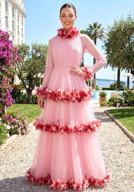 Long Sleeve Feather A Line Maxi Dress Pink