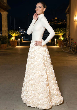 Long Sleeve Floral A Line Maxi Dress Ivory