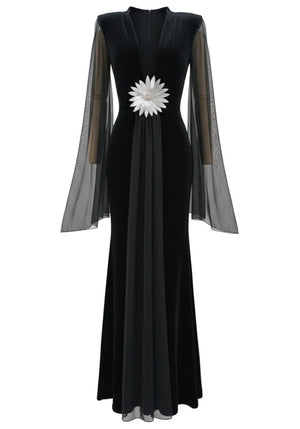Mesh Sleeves Floral Maxi Velvet Dress Black