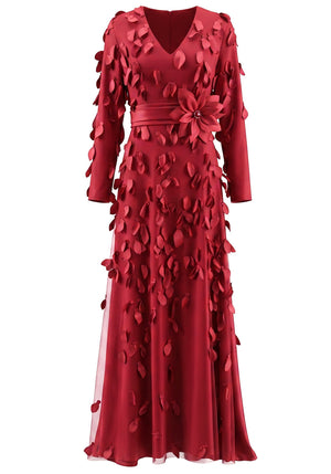Long Sleeve Floral Embellished A Line Maxi Dress Red