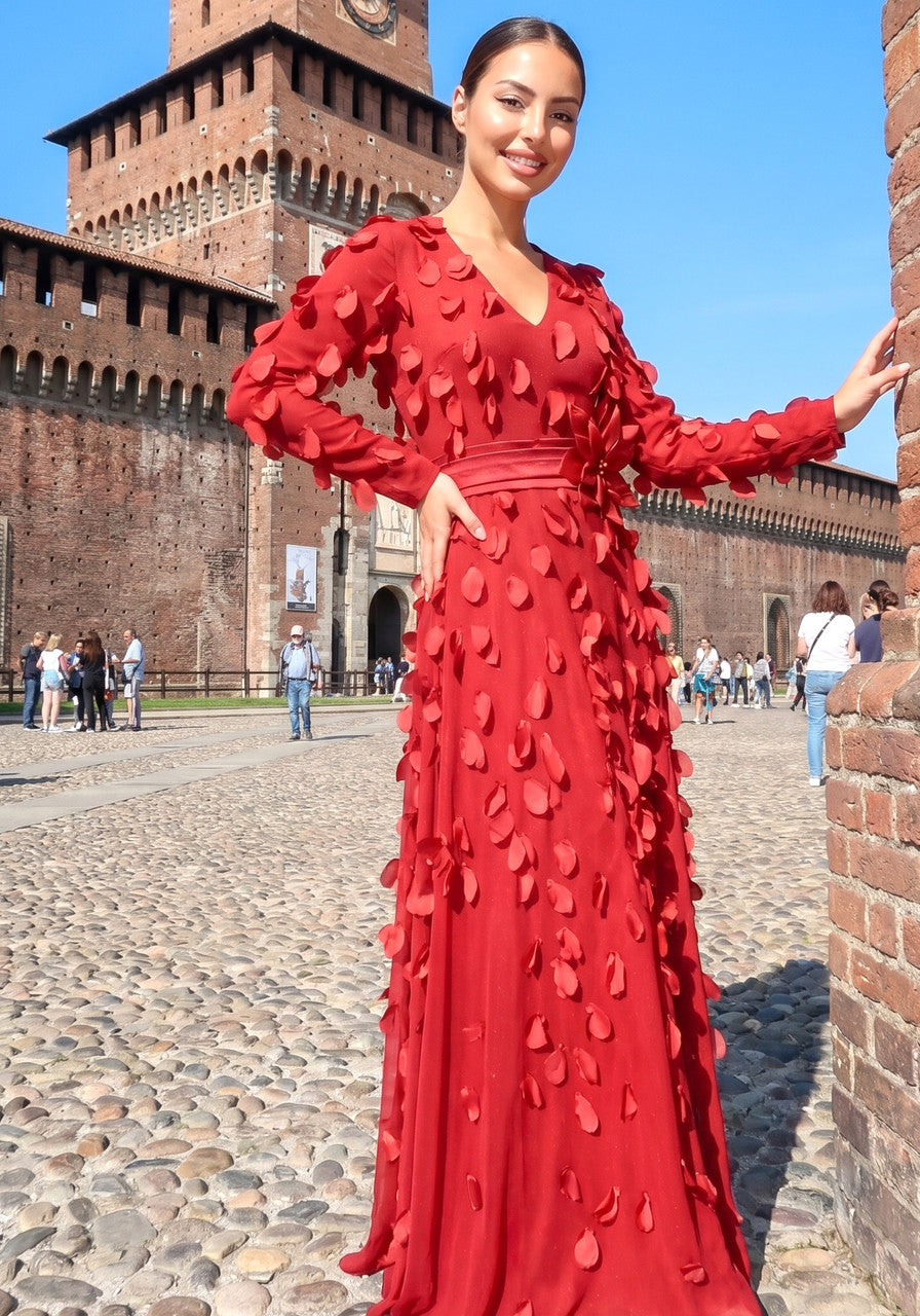 Long Sleeve Floral Embellished A Line Maxi Dress Red
