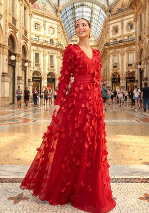 Long Sleeve Floral Embellished A Line Maxi Dress Red