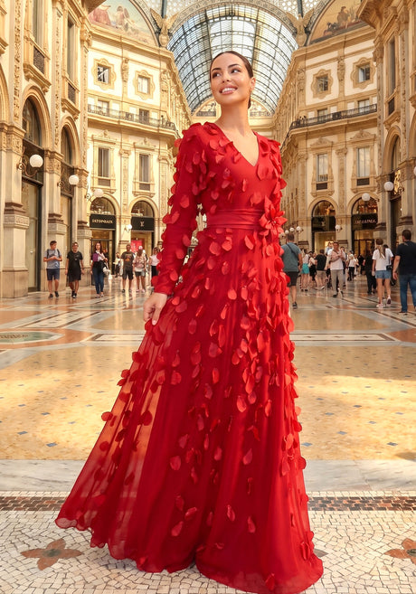 Long Sleeve Floral Embellished A Line Maxi Dress Red