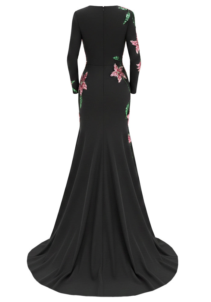 Long Sleeve Floral Embellished Maxi Dress Black