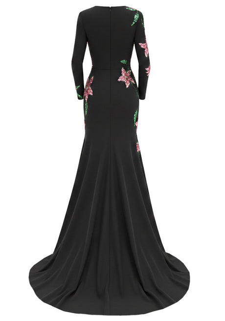 Long Sleeve Floral Embellished Maxi Dress Black