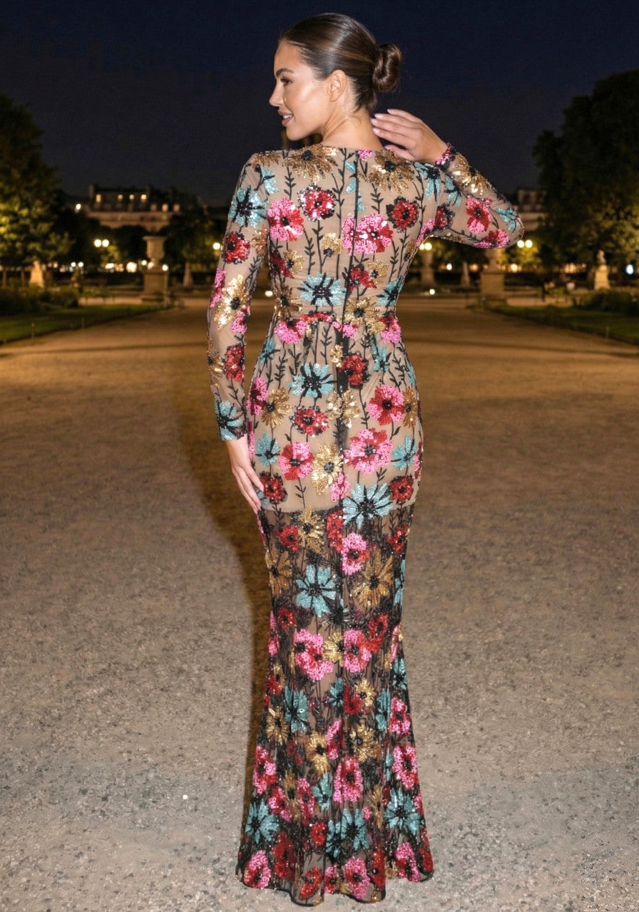 Long Sleeve Floral Embroidered Maxi Dress Black