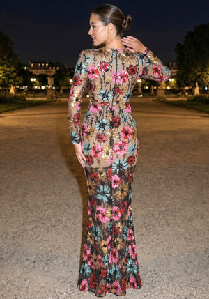 Long Sleeve Floral Embroidered Maxi Dress Black