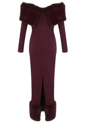 Long Sleeve Fur Bardot Midi Dress Burgundy