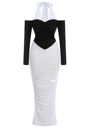 Halter Long Sleeve Draped Maxi Dress Black White