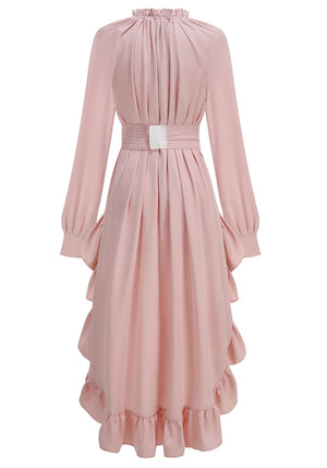 Long Sleeve High Low Ruffle Maxi Dress Pink