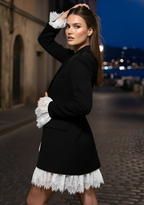 Long Sleeve Lace Blazer Dress Black White