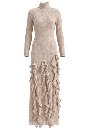 Long Sleeve Lace Ruffle Maxi Dress Nude