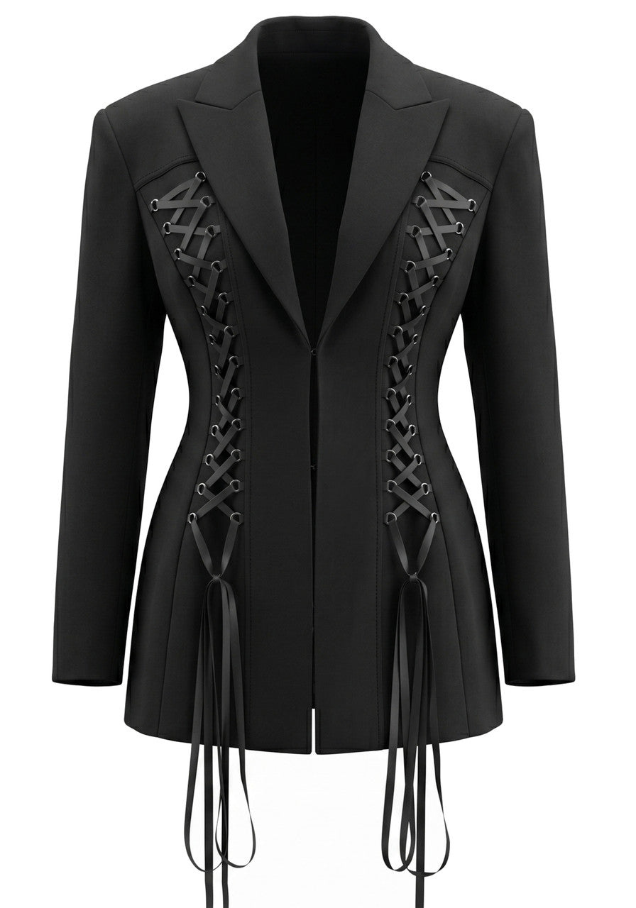 Long Sleeve Lace Up Detail Dress Black