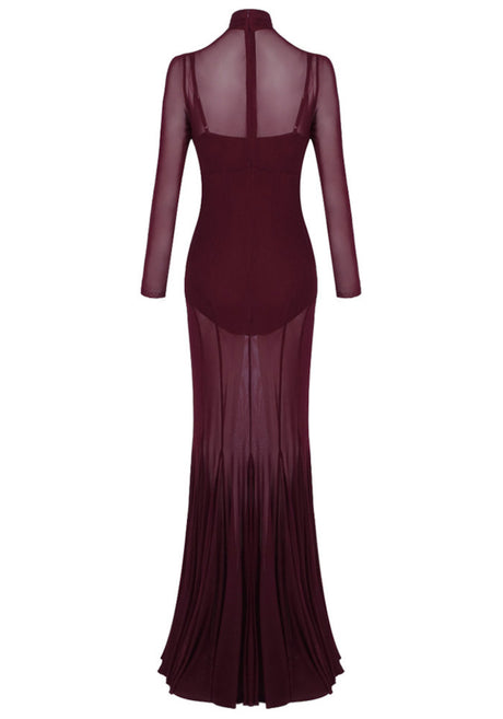 Long Sleeve Mesh Maxi Dress Burgundy