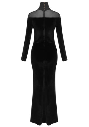 Long Sleeve Mesh Insert Velvet Maxi Dress Black