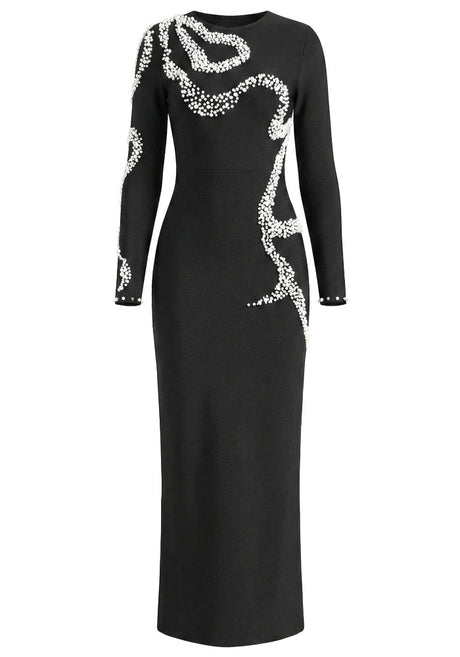 Long Sleeve Pearl Crystal Maxi Dress Black