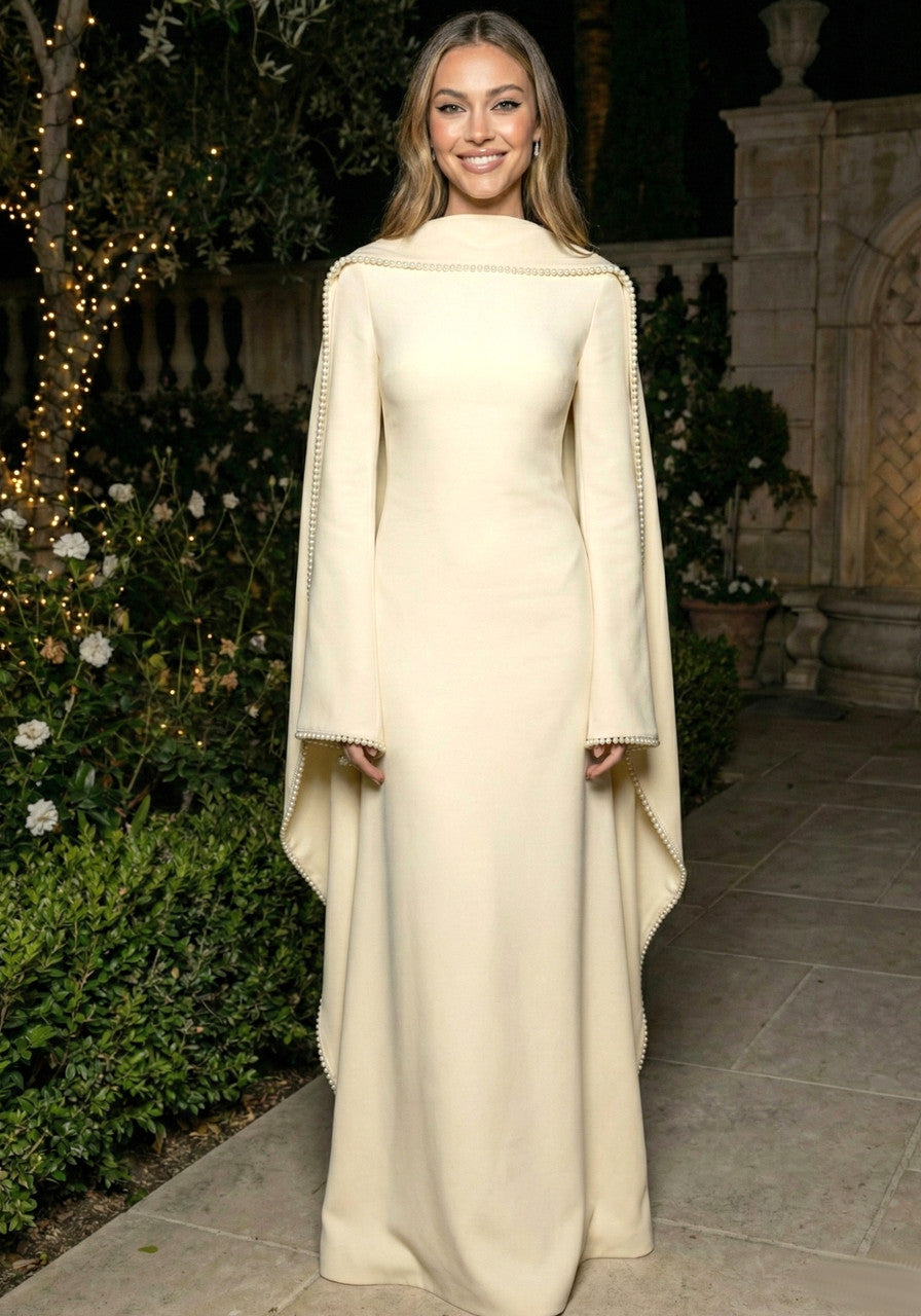Long Sleeve Pearl Embellished Maxi Dress Yellow