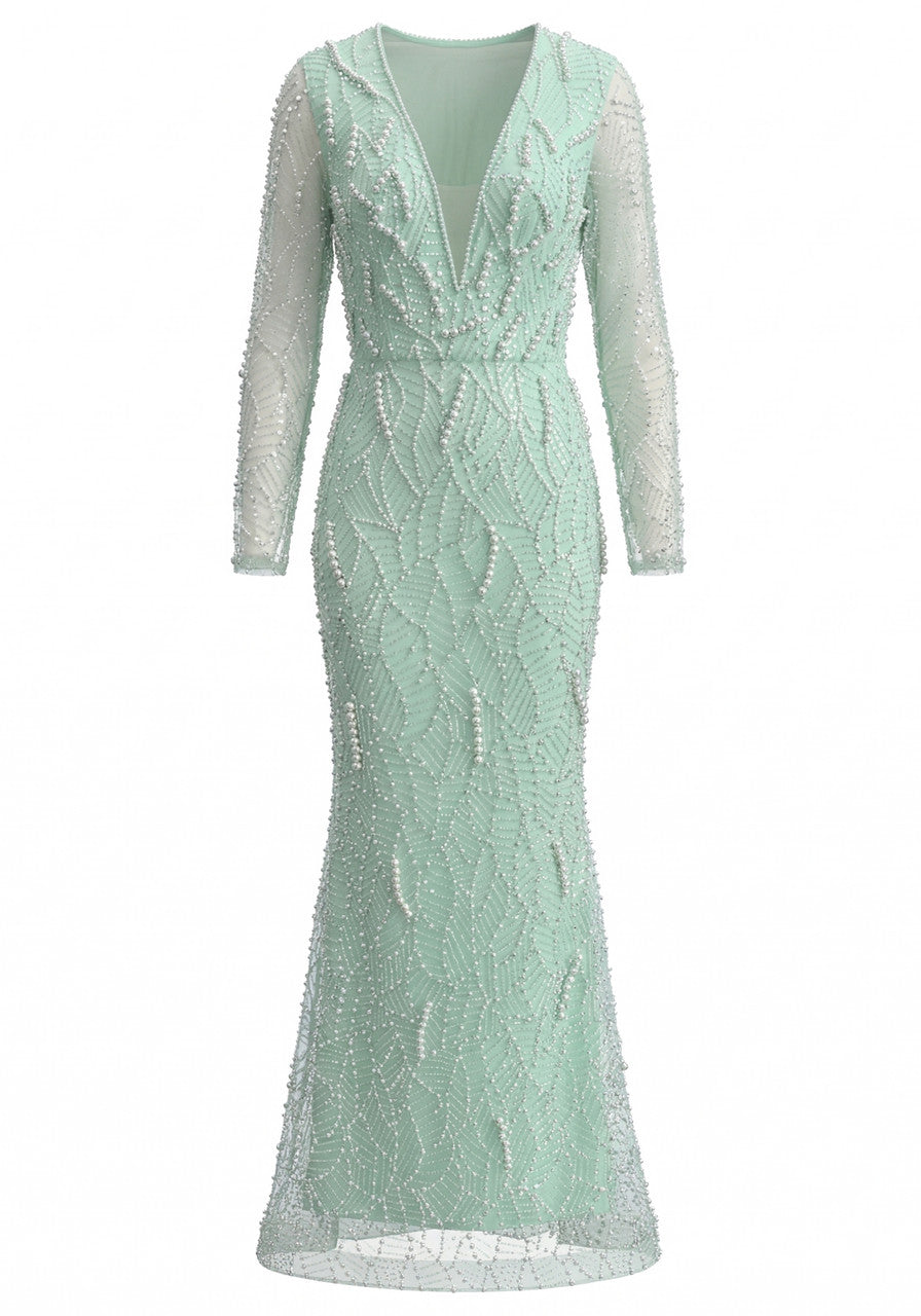 Long Sleeve Pearl Sequin Maxi Dress Green