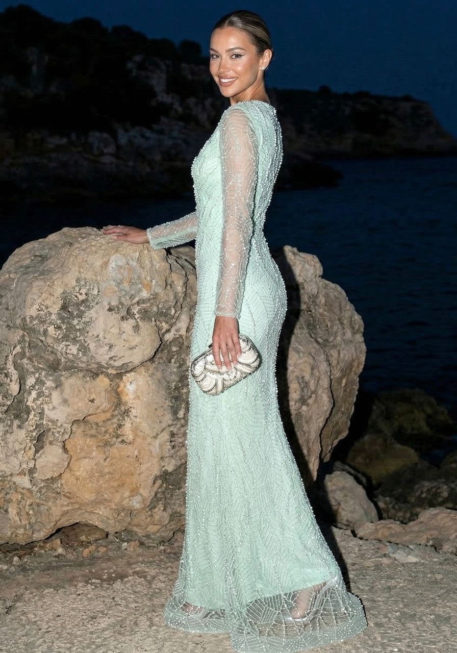Long Sleeve Pearl Sequin Maxi Dress Green