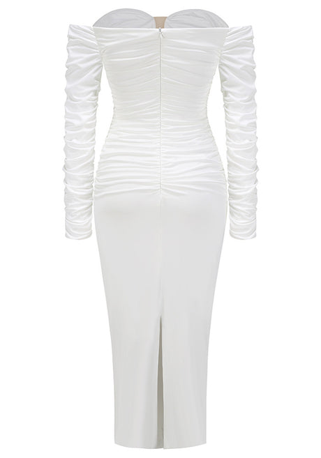 Long Sleeve Ruched Bardot Midi Dress White