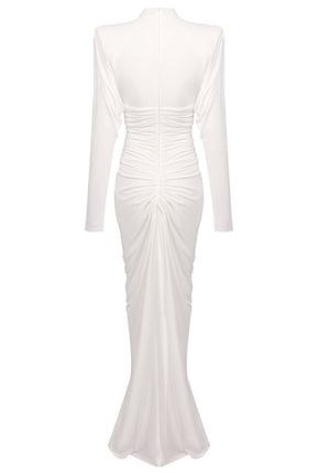 Long Sleeve Draped Structured Maxi Dress White