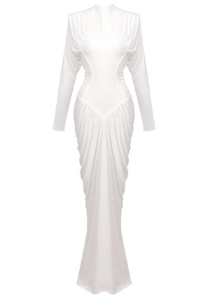 Long Sleeve Draped Structured Maxi Dress White
