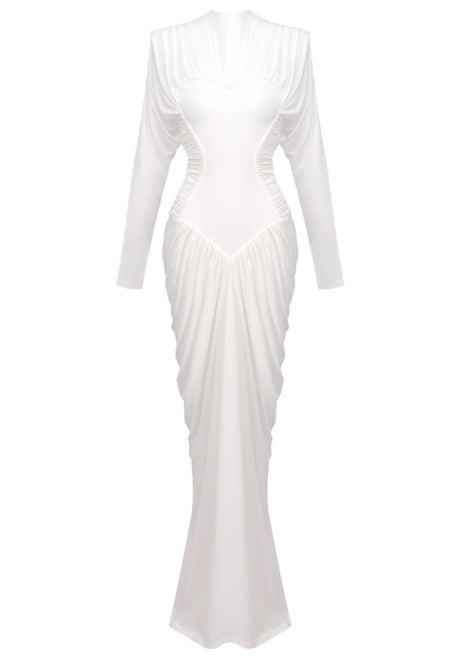Long Sleeve Draped Structured Maxi Dress White