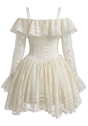 Long Sleeve Ruffle Floral A Line Dress Ivory