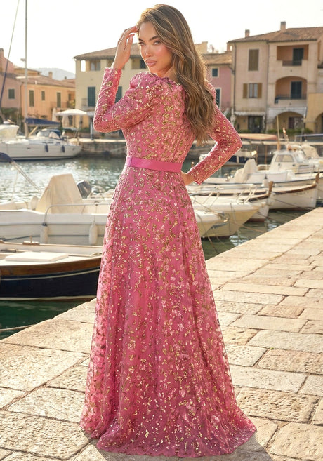 Long Sleeve Sequin A Line Maxi Dress Hot Pink