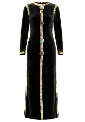 Long Sleeve Sequin Crystal Maxi Velvet Dress Black