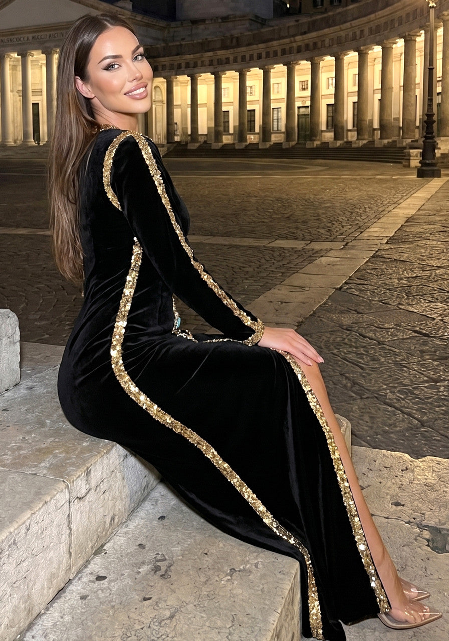 Long Sleeve Sequin Crystal Maxi Velvet Dress Black