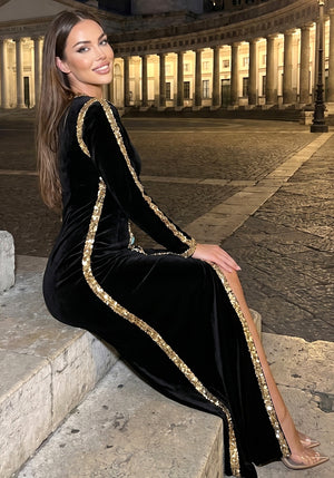 Long Sleeve Sequin Crystal Maxi Velvet Dress Black