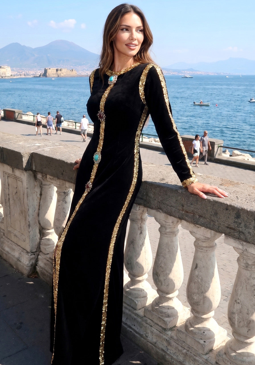 Long Sleeve Sequin Crystal Maxi Velvet Dress Black