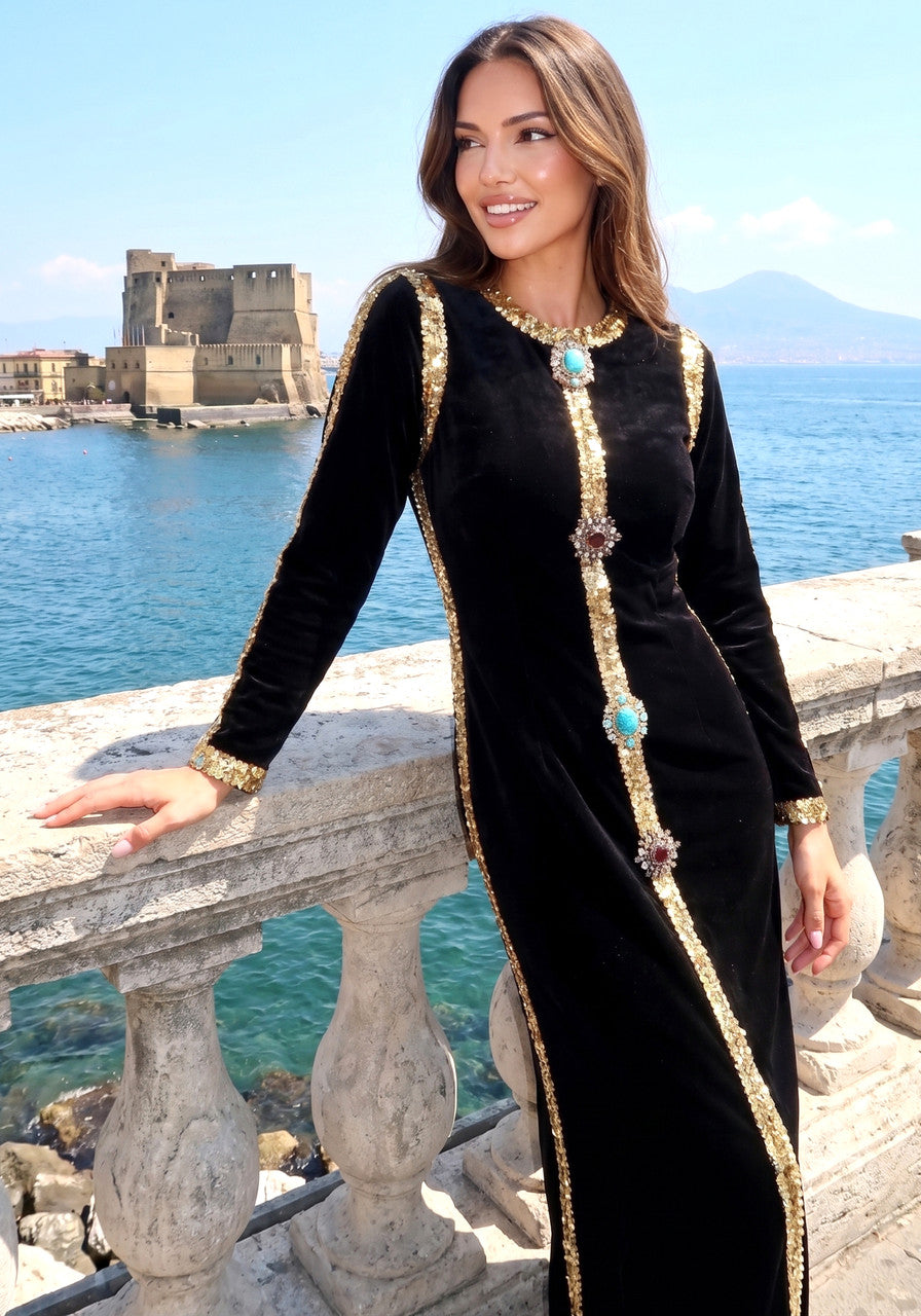 Long Sleeve Sequin Crystal Maxi Velvet Dress Black