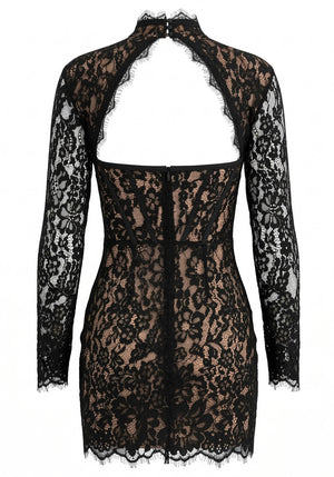 Long Sleeve Structured Lace Dress Black