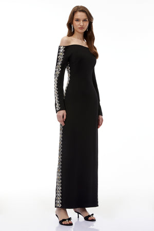 Aurohaya Lorelei Black Off Shoulder Embellished Maxi Dress